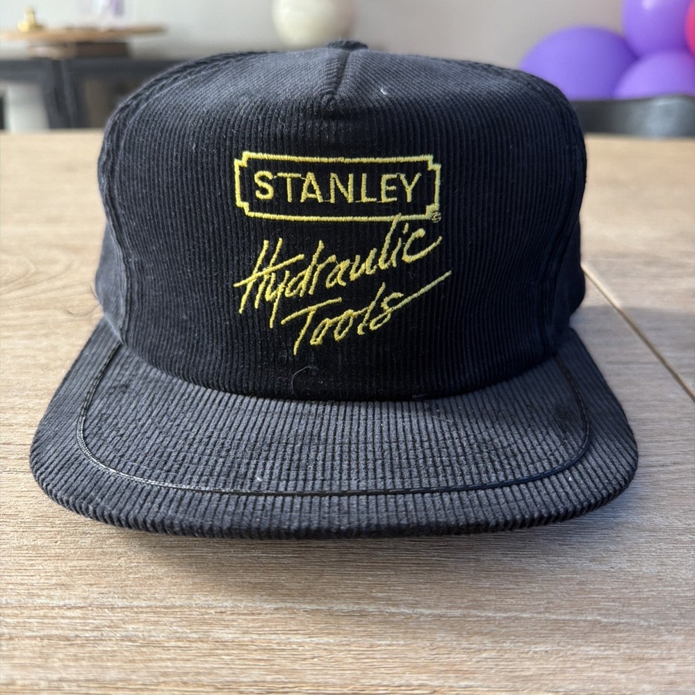 Vintage Stanley Hydraulic Tools Corduroy Leather Strap Back Hat ProMark Inc XLNT - Picture 1 of 4
